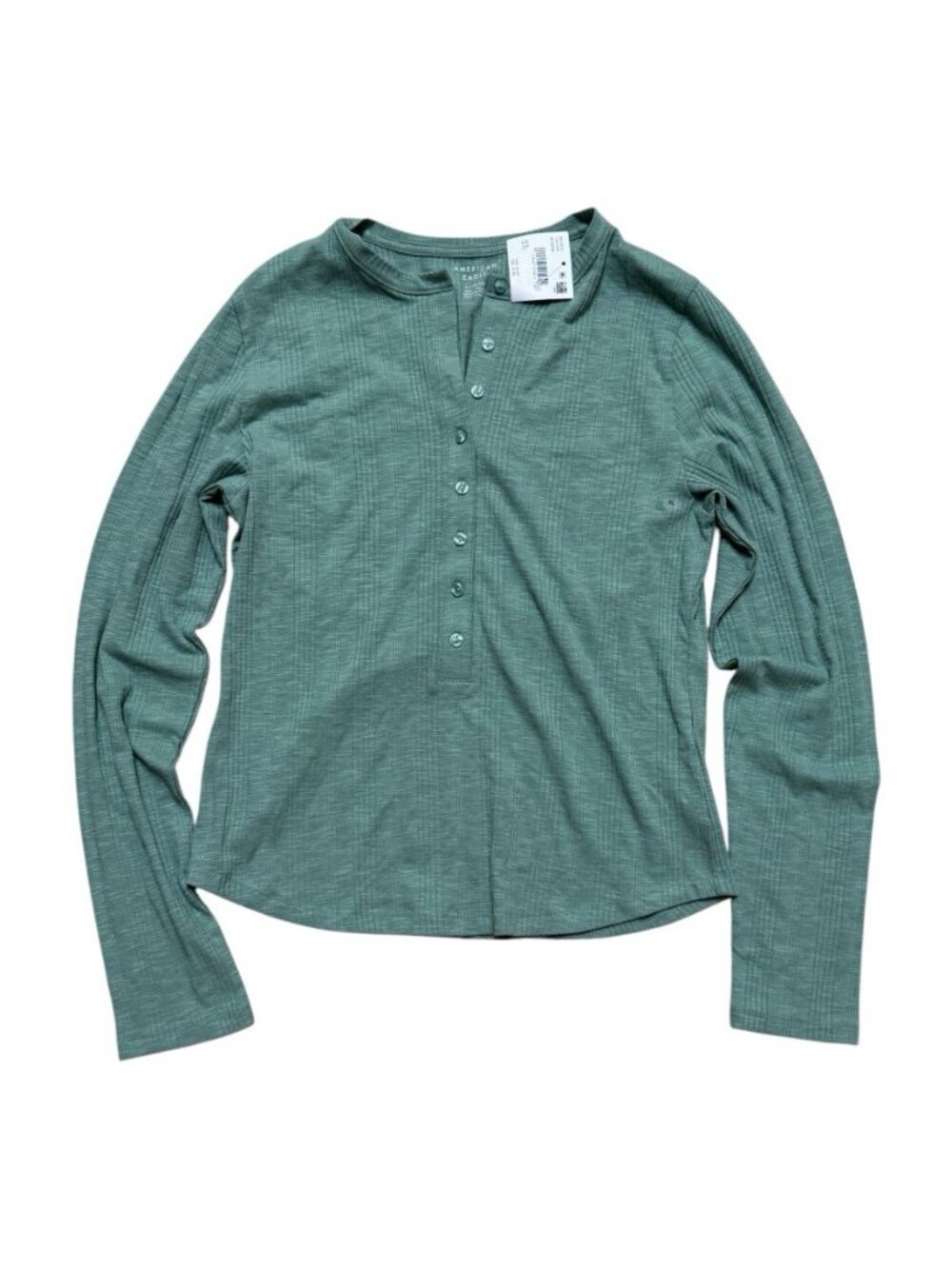 American Eagle Henley Top XL Sage Green Ribbed Long Sleeve NWT Stretch
